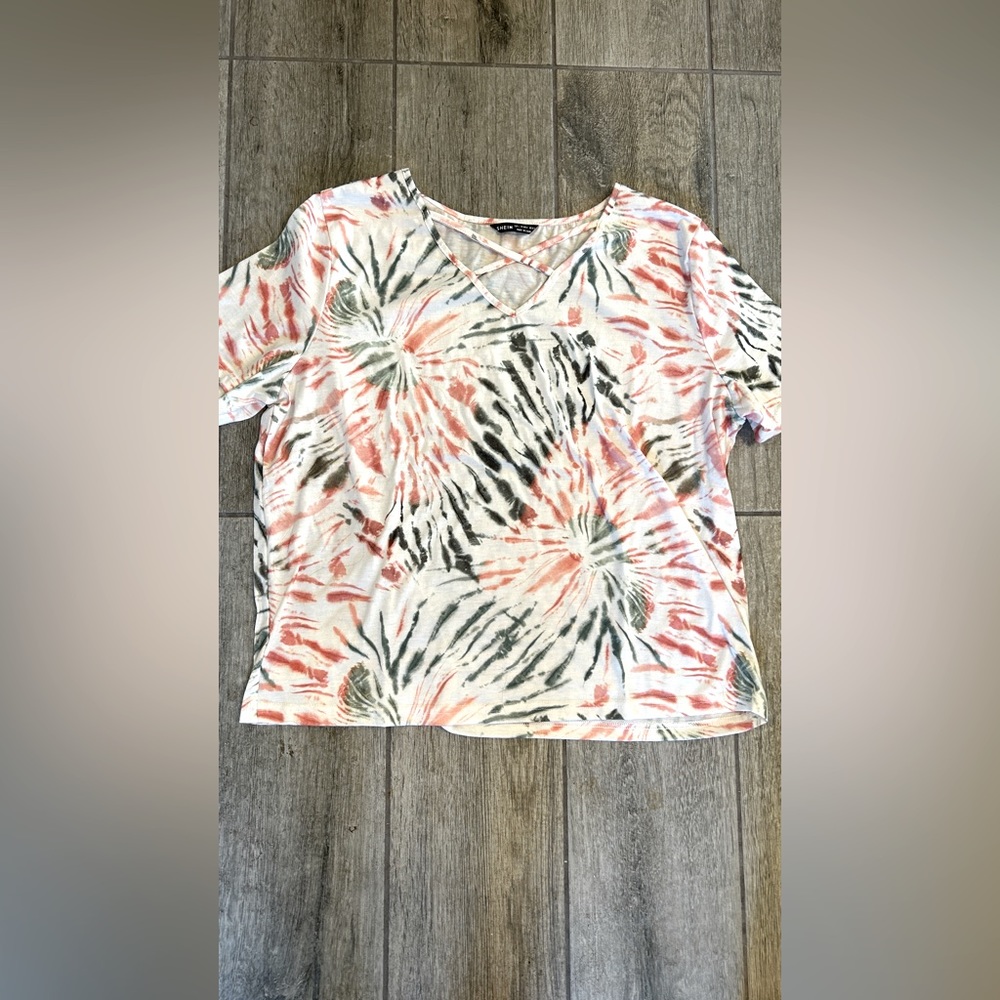 Shein color splash look knit top with criss cross detail at top.